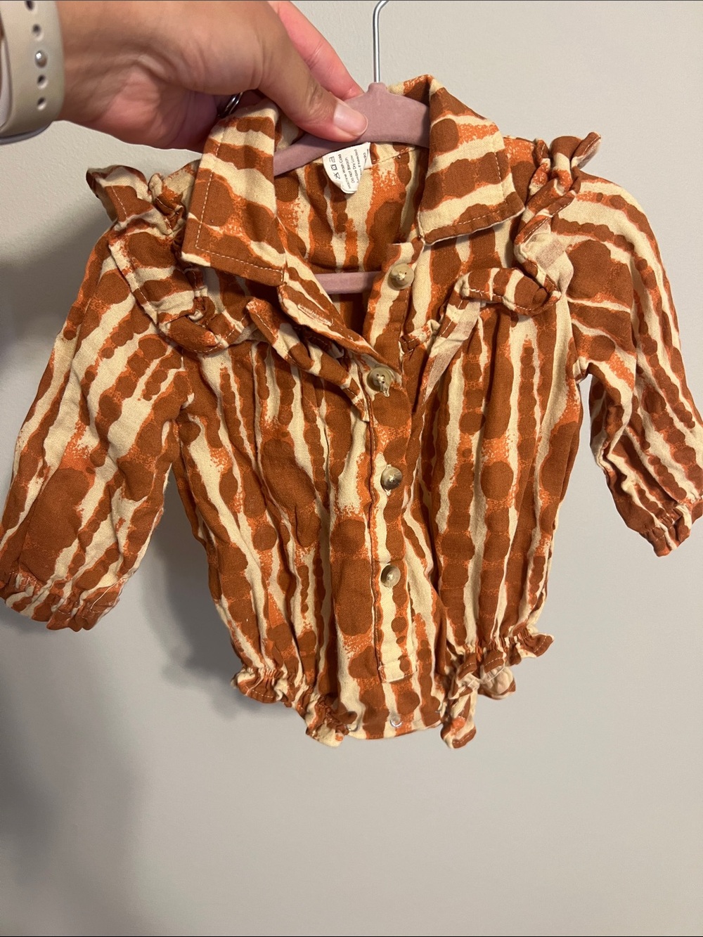 kate quinn Rust and Cream Striped Ruffle Button-Front Top